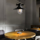 Nautical Metal Wire Cage Pendant Lamp With Saucer Shade And Bulb