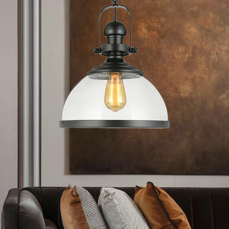 Industrial Style Single-Led Pendant Light: Black Clear Glass Lantern For Dining Room