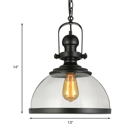 Industrial Style Single-Led Pendant Light: Black Clear Glass Lantern For Dining Room