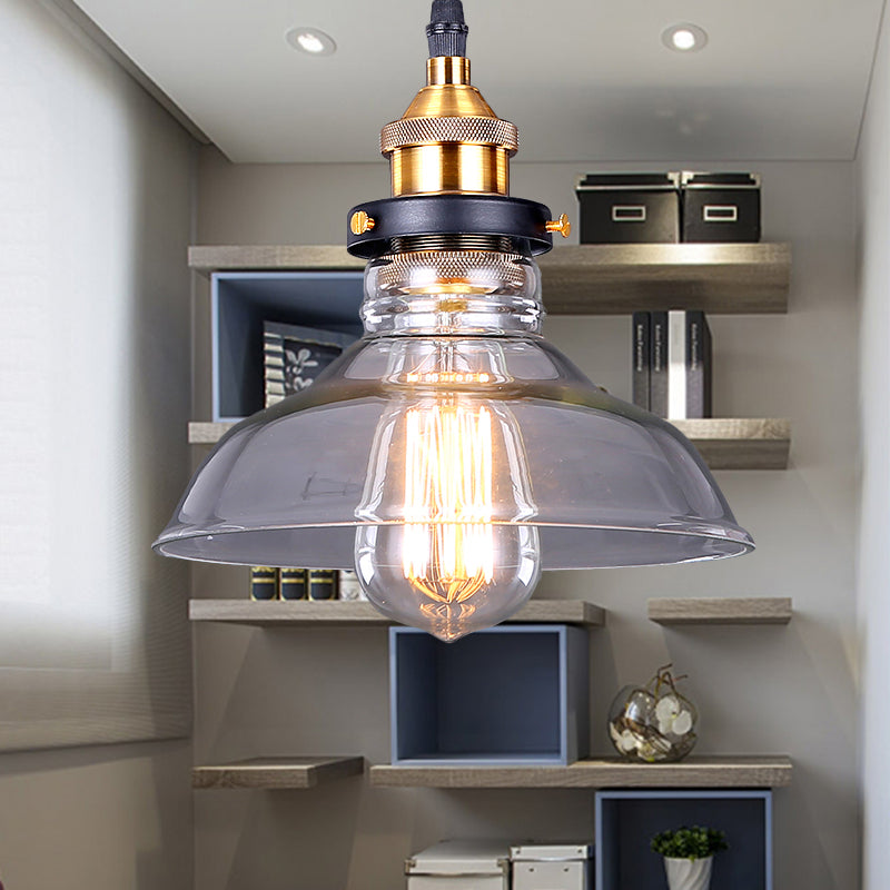 Industrial Dome Pendant Light - Single-Bulb Brass Hanging Lamp With Brown/Clear Glass