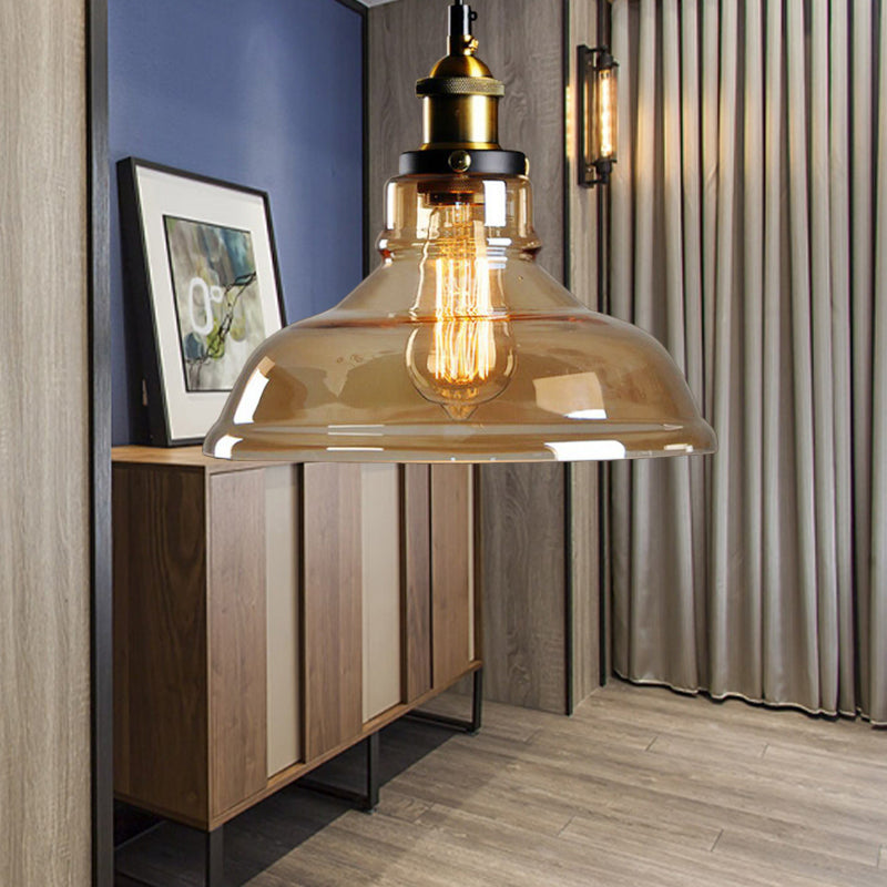 Industrial Dome Pendant Light - Single-Bulb Brass Hanging Lamp With Brown/Clear Glass