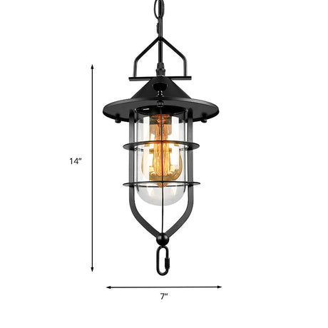 Vintage Black/Rust Cone Ceiling Pendant Lamp With Clear Glass & Cage - Ideal For Living Room