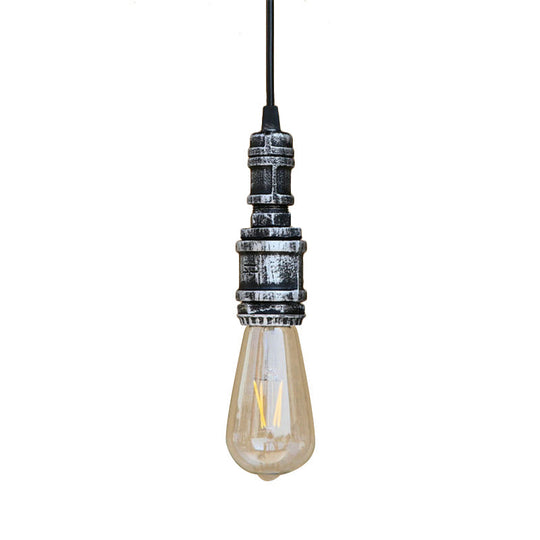 Rustic Black/Silver Wrought Iron Bare Bulb Hanging Light Fixture With Pipe - Bathroom Ceiling