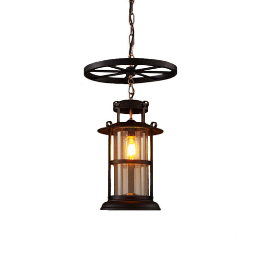 Farmhouse Black Single Light Pendant Ceiling With Clear Glass Cylinder And Iron Wheel Fixture