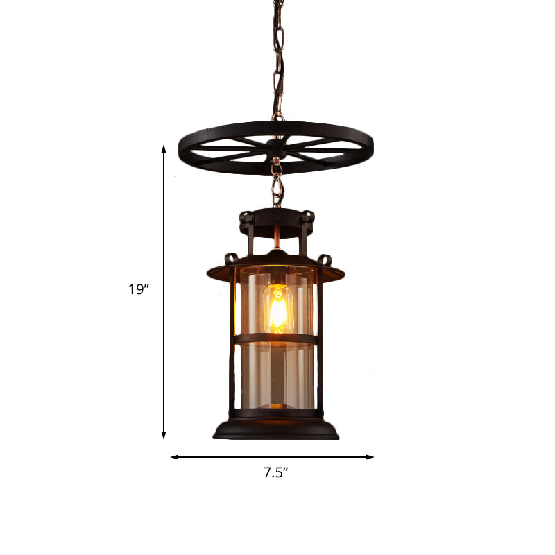Farmhouse Black Single Light Pendant Ceiling With Clear Glass Cylinder And Iron Wheel Fixture