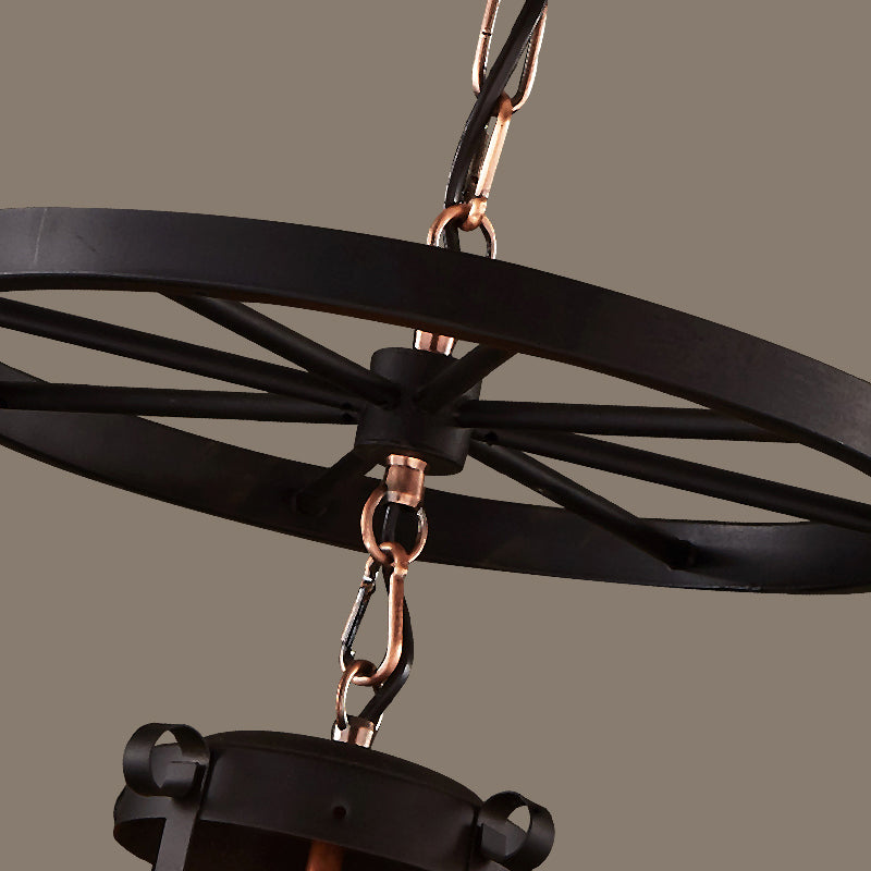 Farmhouse Black Single Light Pendant Ceiling With Clear Glass Cylinder And Iron Wheel Fixture
