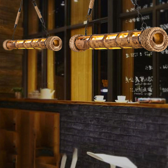 Bamboo Linear Pendant Light - Lodge Style Led Ceiling For Restaurants Beige