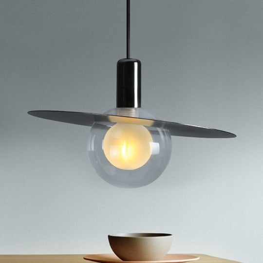 Contemporary Black Glass Pendant Lamp With Led And Ring Disk Clear
