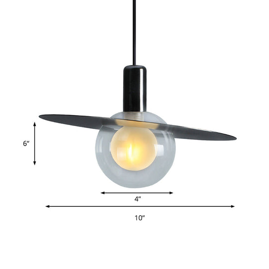Contemporary Led Pendant Lamp: Globe Clear Glass Black Hanging Light Fixture With Ring Disk