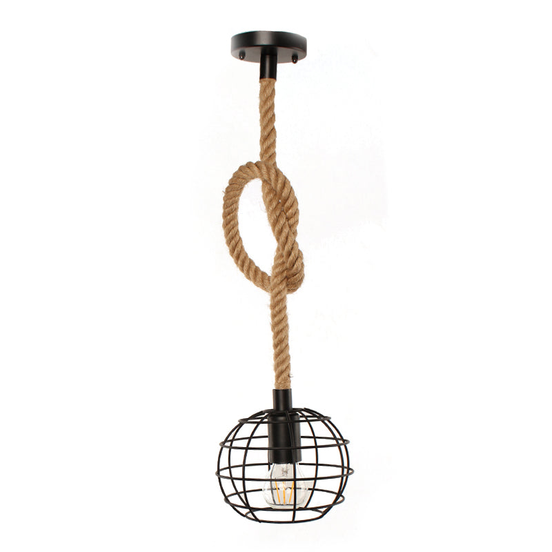 Adjustable Wire Globe Pendant Light With Metal Suspension And Rope In Black - Ideal For Industrial