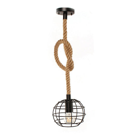 Adjustable Wire Globe Pendant Light With Metal Suspension And Rope In Black - Ideal For Industrial
