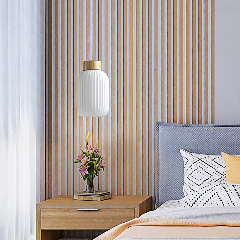 Modern 1-Light Milk Glass Ribbed Cylinder Pendant Light For Restaurants - 5.5 8 12 Diameter White /