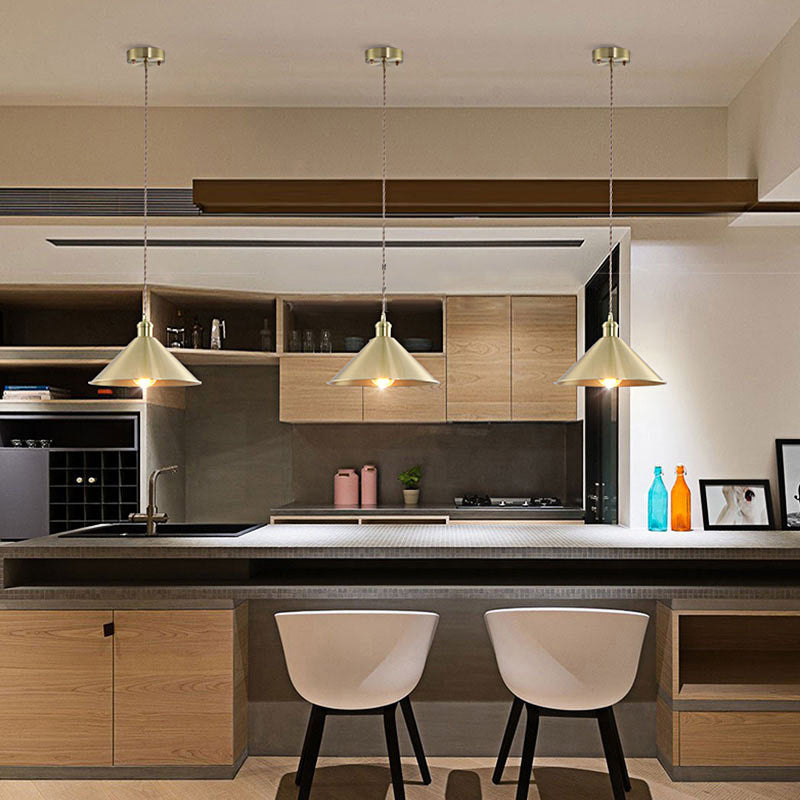 Industrial Cone Metal Hanging Light Fixture With Adjustable Brass Cord - 7’/9.5’ W Ideal For