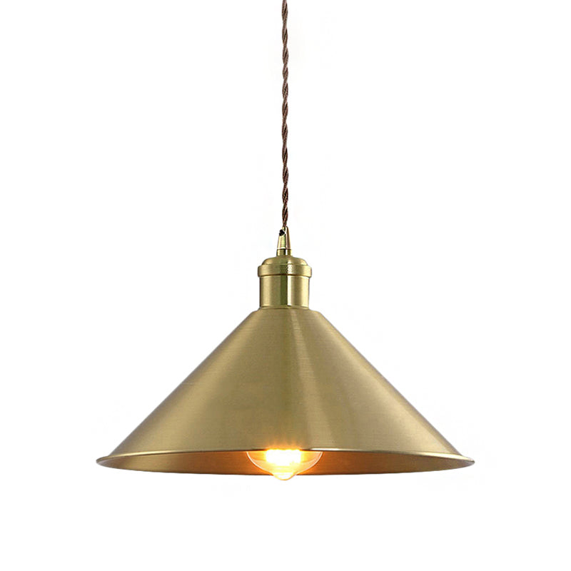 Industrial Cone Metal Hanging Light Fixture With Adjustable Brass Cord - 7’/9.5’ W Ideal For