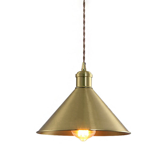 Industrial Cone Metal Hanging Light Fixture With Adjustable Brass Cord - 7’/9.5’ W Ideal For