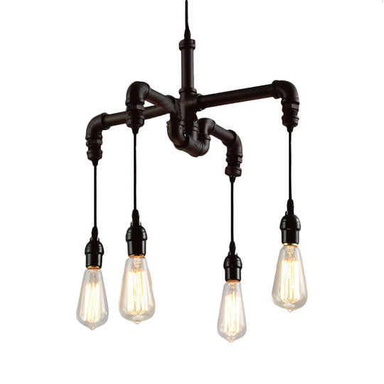 Rustic Water Pipe Ceiling Light With 4 Bulbs - Antique Bronze/Black Wrought Iron Chandelier Lamp