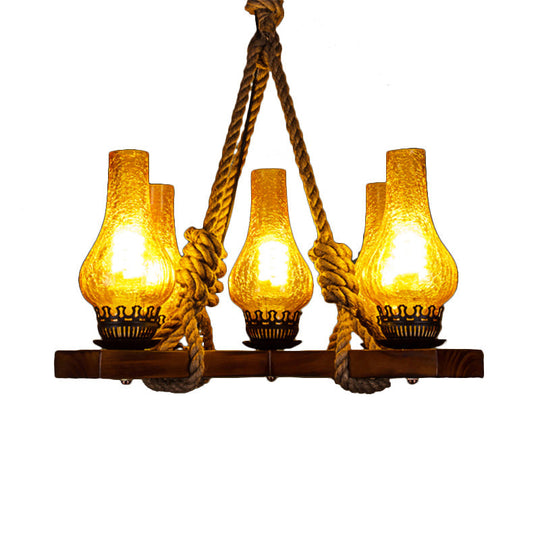 Country Stylish 5-Light Pendant Lamp With Yellow Cracked Glass Teardrop Shades And Rope Detailing