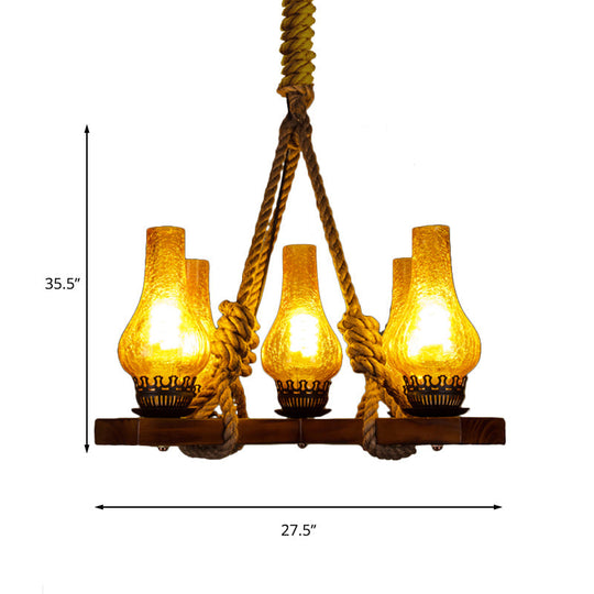 Country Stylish 5-Light Pendant Lamp With Yellow Cracked Glass Teardrop Shades And Rope Detailing
