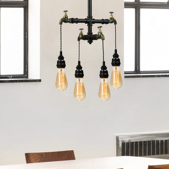 Farmhouse Metallic 4-Bulb Hanging Chandelier Lamp - Pipe Indoor Ceiling Light With Faucet In Black