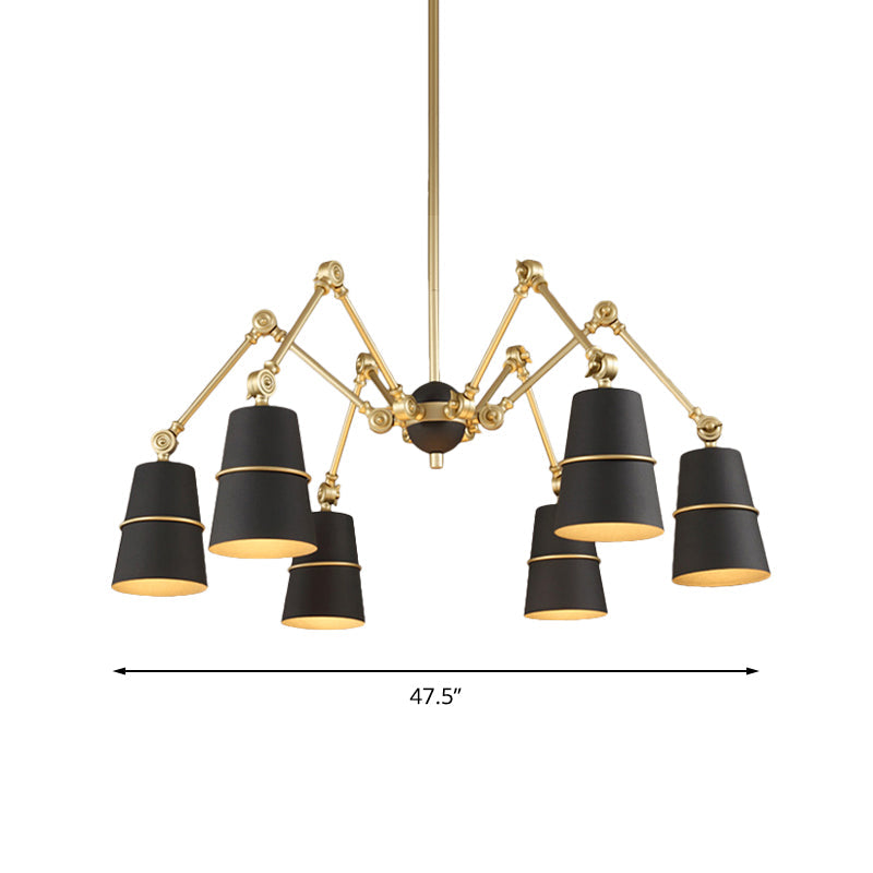 Retro Style 6-Light Spider Chandelier With Cone Shades - Black & Gold Metal Suspension Light