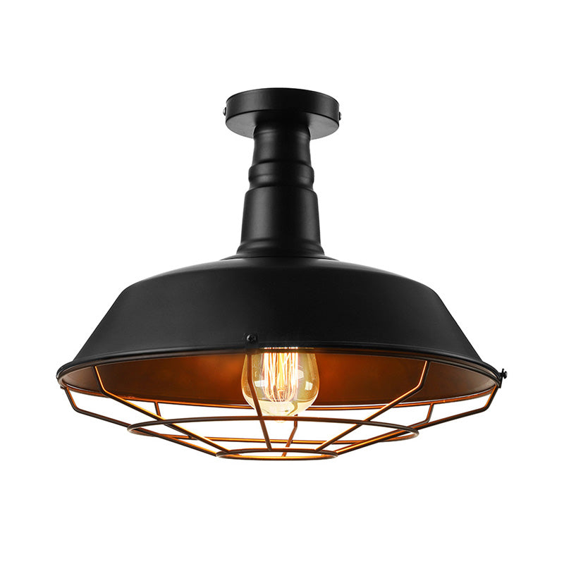 Black Vintage Metal Cage Ceiling Light Semi Flush Mount Indoor 1-Head Lighting With Barn Shade -