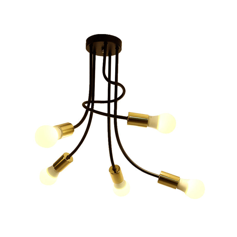 Vintage Bare Bulb Ceiling Light - Black/Gold Metallic Semi Flush With Curved Arm For Bedroom