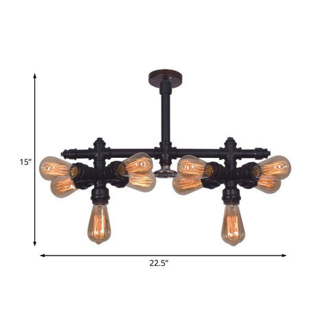 Steampunk Open Bulb Semi Flush Light - 10-Light Metallic Ceiling Fixture In Black
