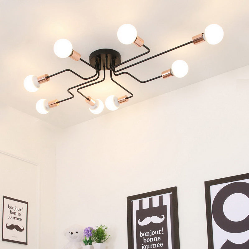 Vintage Metallic Semi Flush Light With Sputnik Design In Antique Brass/Black - Exposed Ceiling