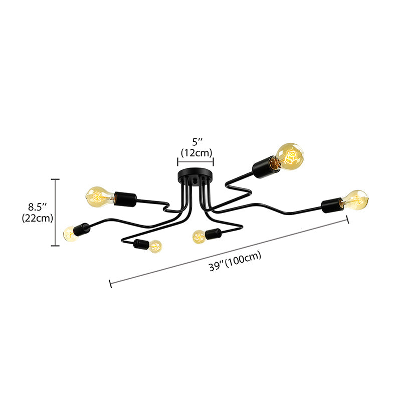 Vintage Metallic Semi Flush Light With Sputnik Design In Antique Brass/Black - Exposed Ceiling