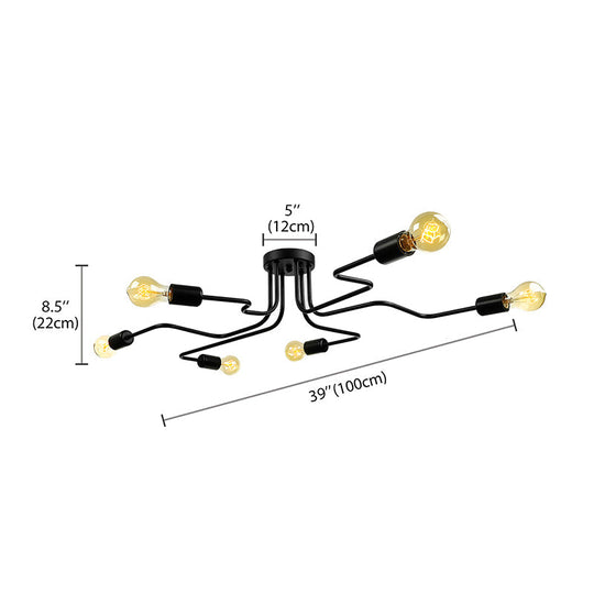 Vintage Metallic Semi Flush Light With Sputnik Design In Antique Brass/Black - Exposed Ceiling