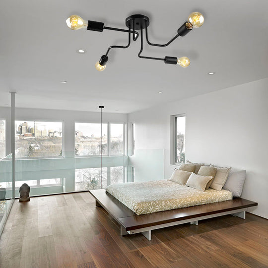 Vintage Metallic Semi Flush Light With Sputnik Design In Antique Brass/Black - Exposed Ceiling