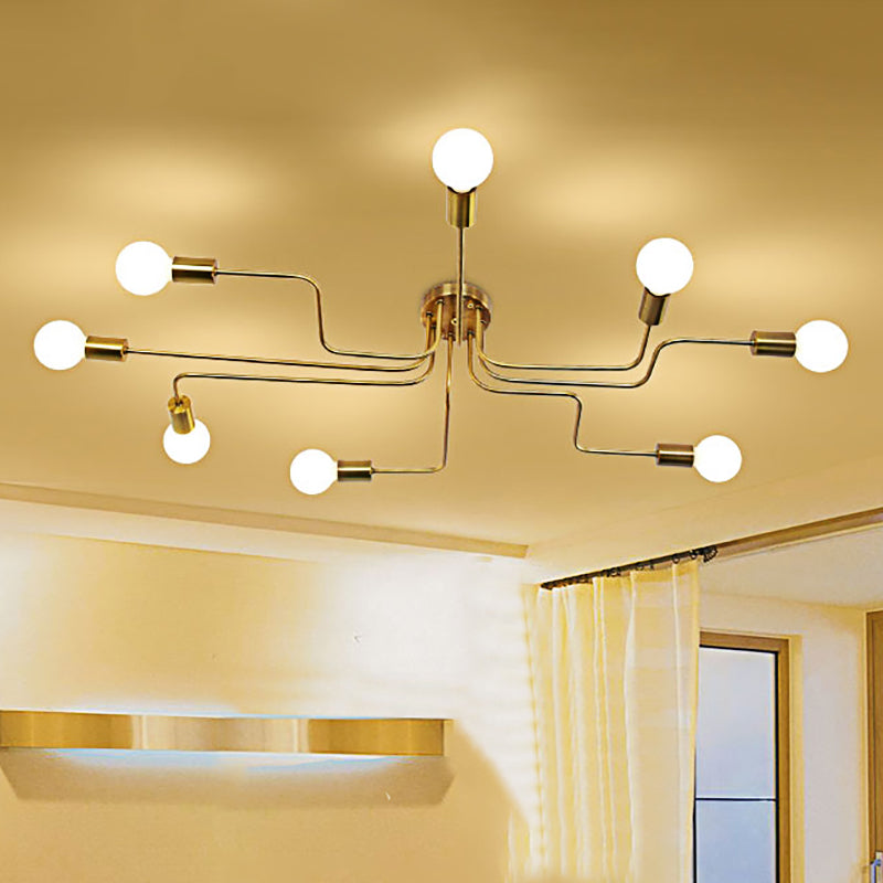 Vintage Metallic Semi Flush Light With Sputnik Design In Antique Brass/Black - Exposed Ceiling