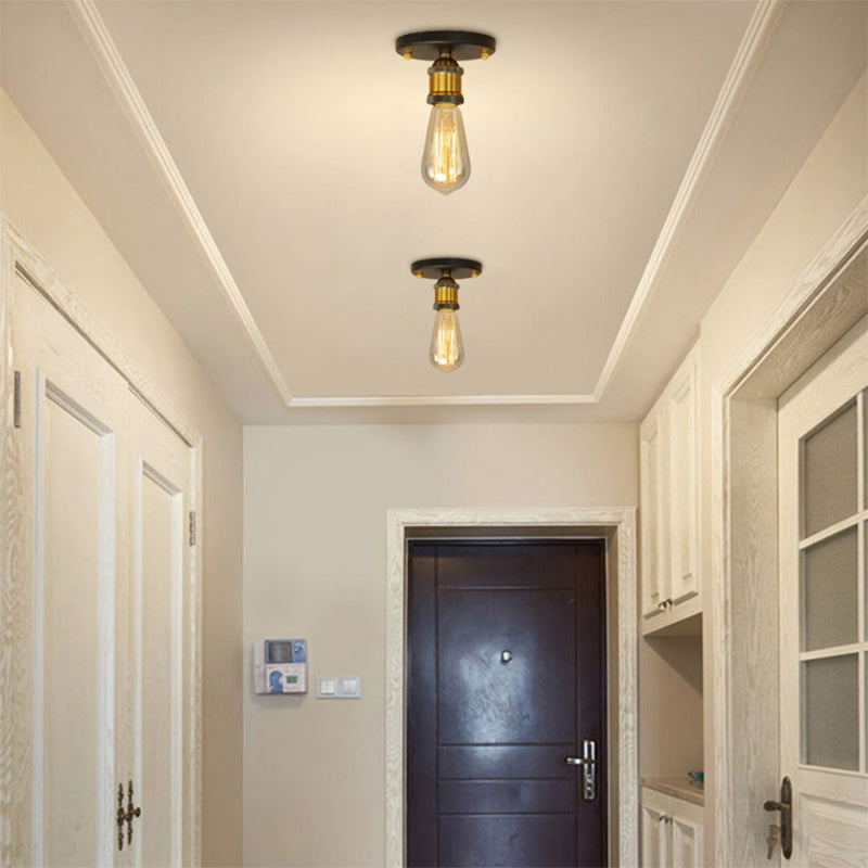 Retro Industrial Metal Black/Brass Finish Ceiling Lighting - Exposed Bulb Semi Flush Mount Light