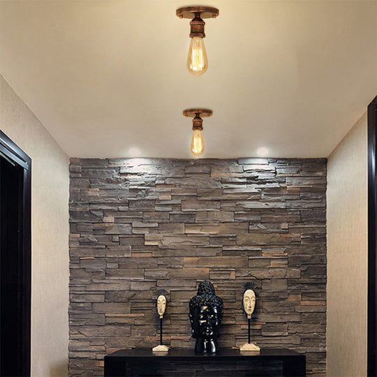 Retro Industrial Metal Black/Brass Finish Ceiling Lighting - Exposed Bulb Semi Flush Mount Light