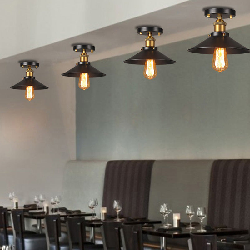 9.5’-10’ Dia Flat Shade Ceiling Mounted Light: Industrial Metallic Single Head Flush Light In