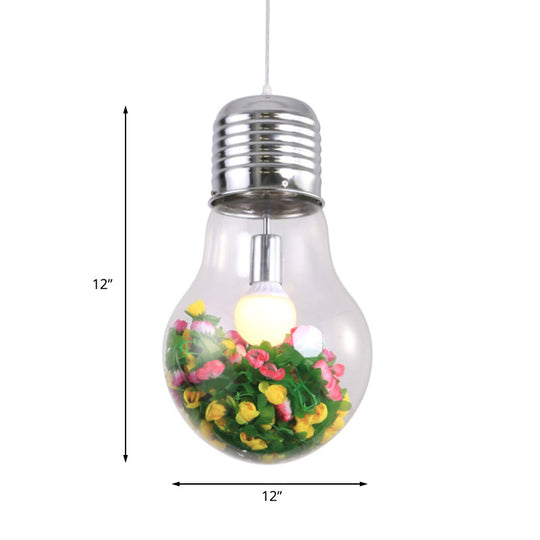 Clear Glass Bulb Pendant Lamp - Industrial Style 1-Light Hanging Light With Artificial Flower