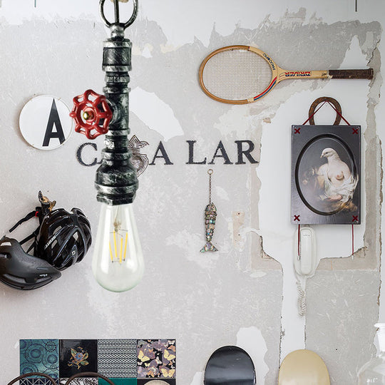 Industrial 1-Light Wrought Iron Pipe Pendant With Adjustable Rope - Aged Silver/Copper Silver