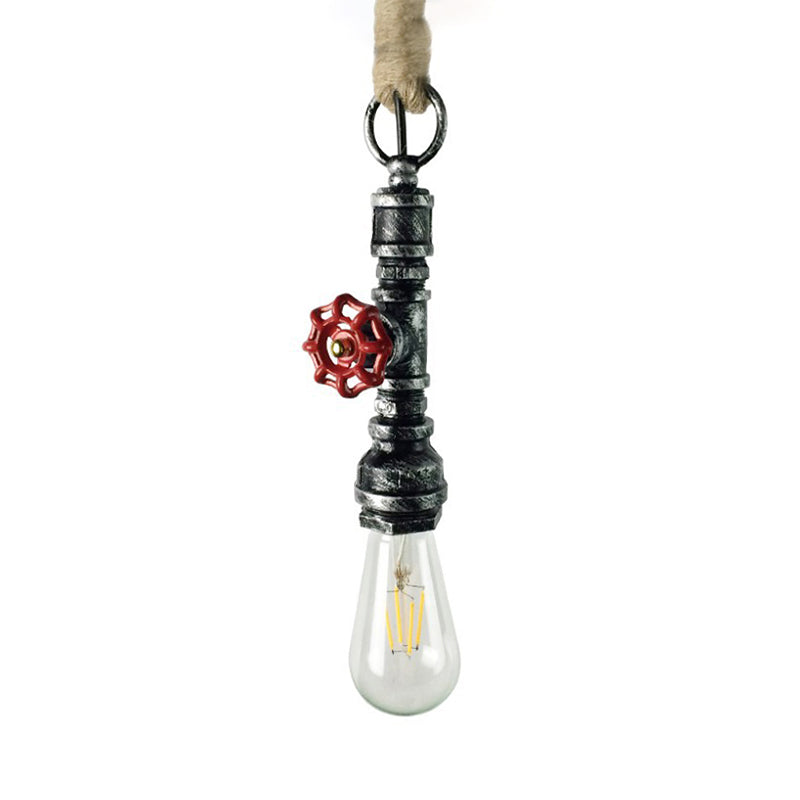 Industrial 1-Light Wrought Iron Pipe Pendant With Adjustable Rope - Aged Silver/Copper