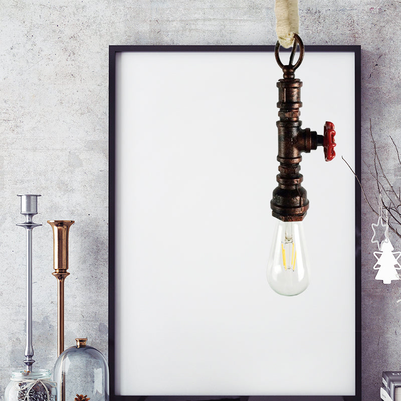 Industrial 1-Light Wrought Iron Pipe Pendant With Adjustable Rope - Aged Silver/Copper