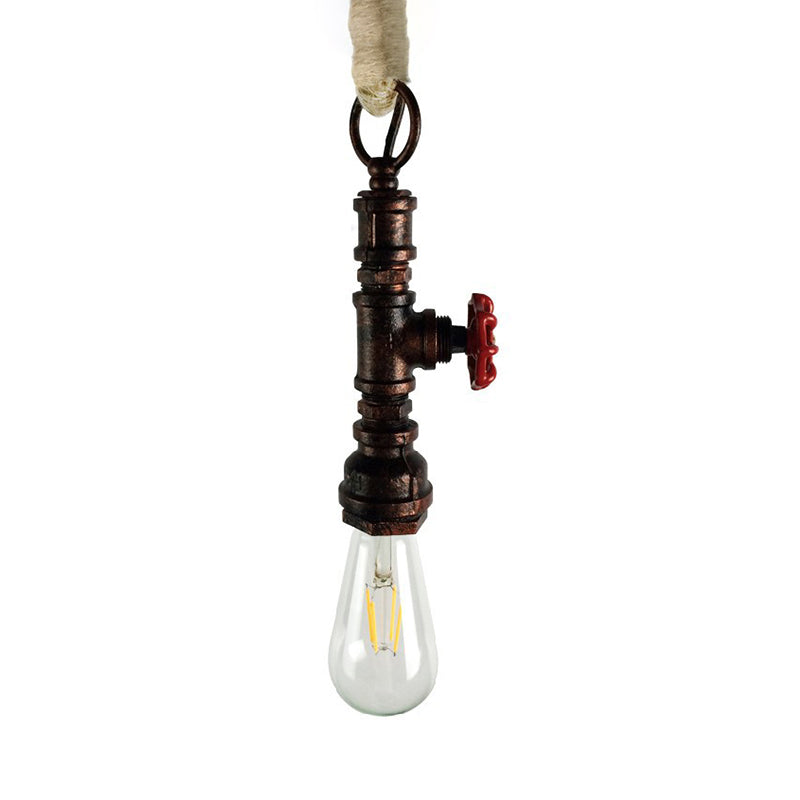 Industrial 1-Light Wrought Iron Pipe Pendant With Adjustable Rope - Aged Silver/Copper