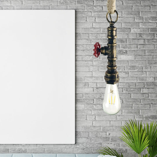 Industrial 1-Light Wrought Iron Pipe Pendant With Adjustable Rope - Aged Silver/Copper Antique Brass