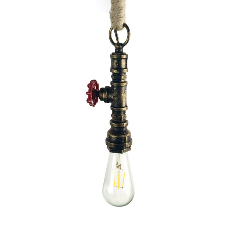 Industrial 1-Light Wrought Iron Pipe Pendant With Adjustable Rope - Aged Silver/Copper