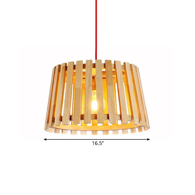 Contemporary Wood Slatted Drum Pendant Light In Beige - Ideal For Bedroom