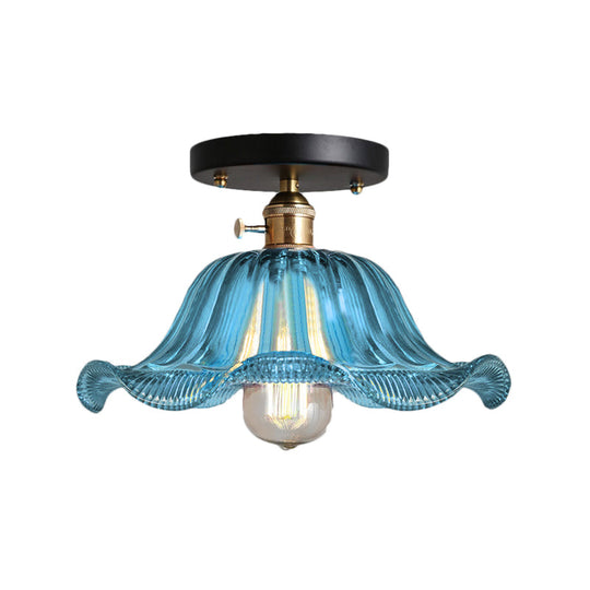 Rustic Ribbed Glass Scalloped Semi Flush Light Red/Blue/Clear 8’/10’/12’ Wide