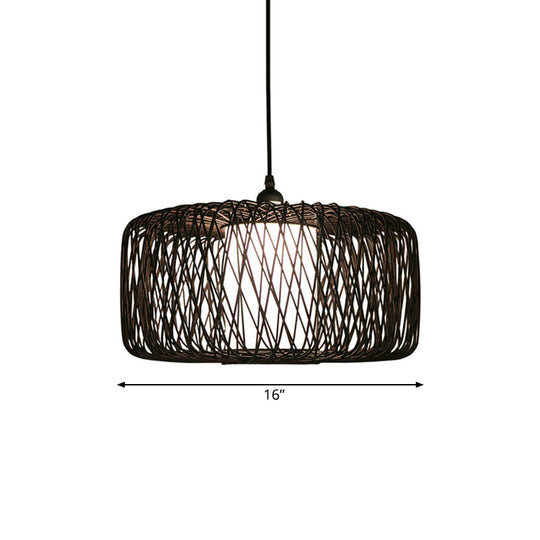 1-Light Restaurant Hanging Bamboo Drum Pendant Lamp 16’’/23.5’’ Wide Black Shade Fixture