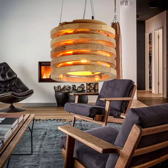 Contemporary Wooden Cylindrical Hanging Light - 10/16 Wide Natural Wood Ideal For Living Room / 10