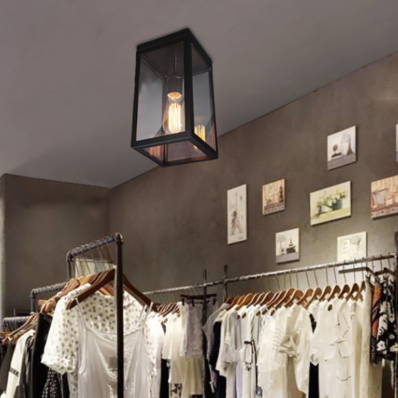 Rectangular Shade Clear Glass Ceiling Light Fixture - 1 Traditional Flush Mount In Black For Living