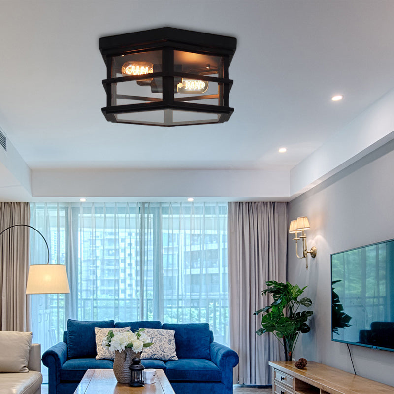 Industrial Square/Hexagon Cage Glass Ceiling Light With 2/4 Bulbs Clear/Black Flush Mount Lighting