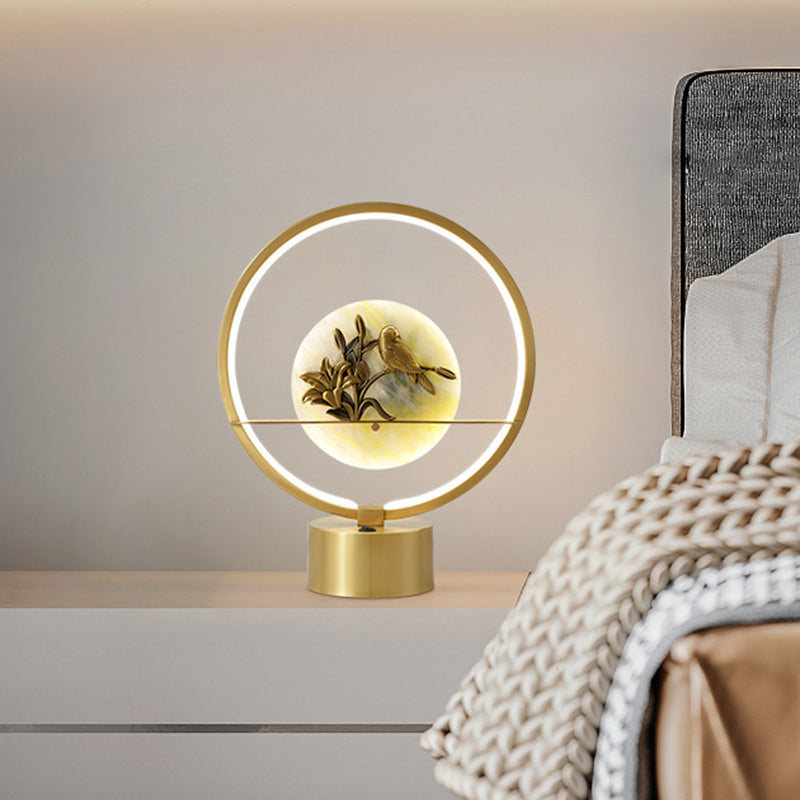 Ruchba - Circle Gold Metal Led Night Table Light With Flower And Bird Decor