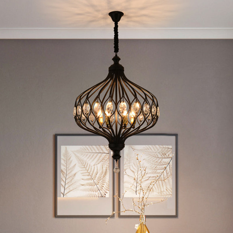 Contemporary Black/Gold Lantern Chandelier With Crystal Encrusted Hanging Lamp Kit - 4/6 Lights